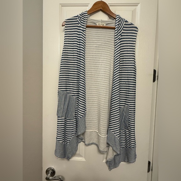 **Faith & Joy Striped Sleeveless Hooded Cardigan – Blue & White – Size XL** - Picture 1 of 4